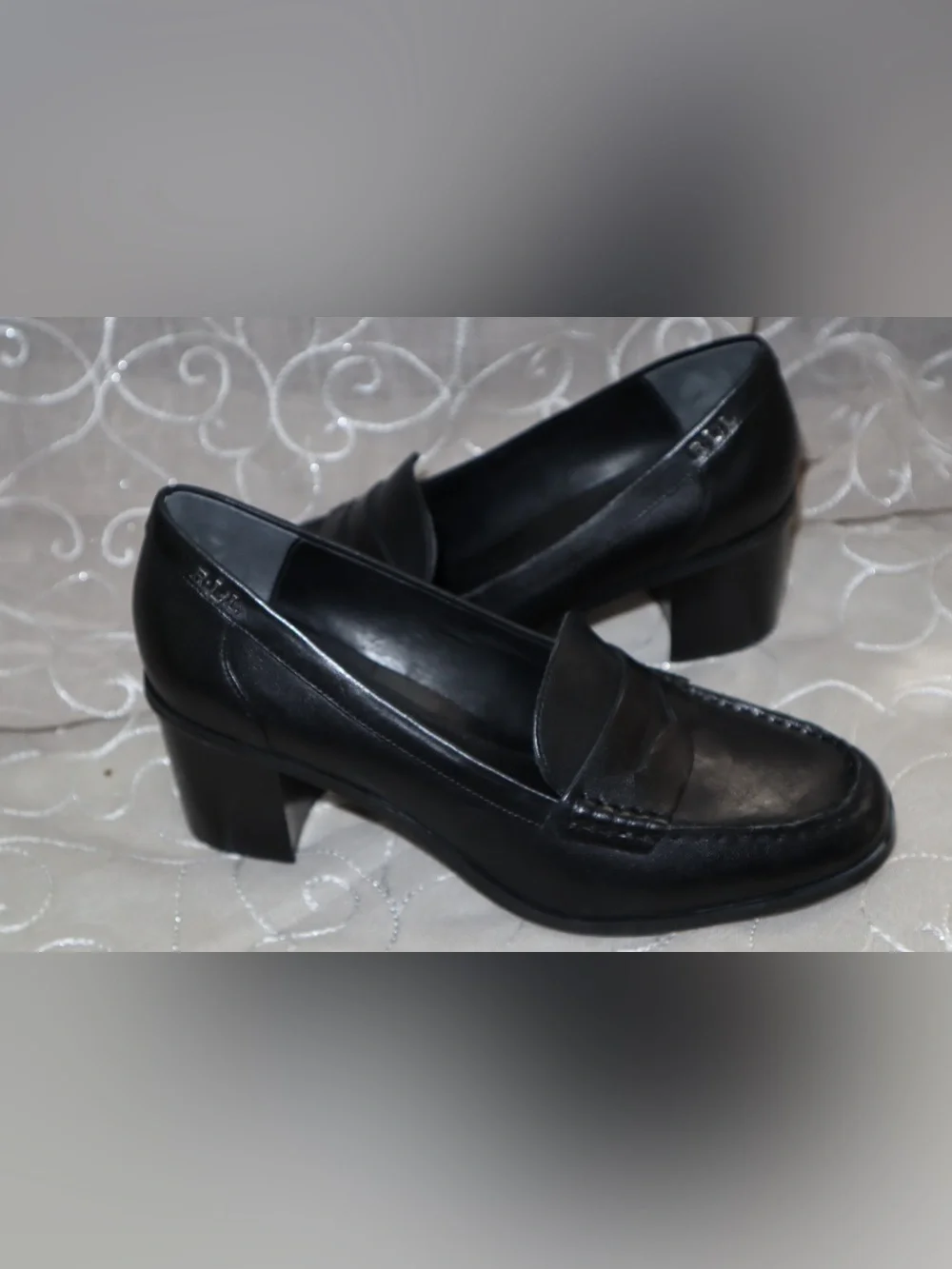 Ralph Lauren Black Leather Block Heel Loafers
